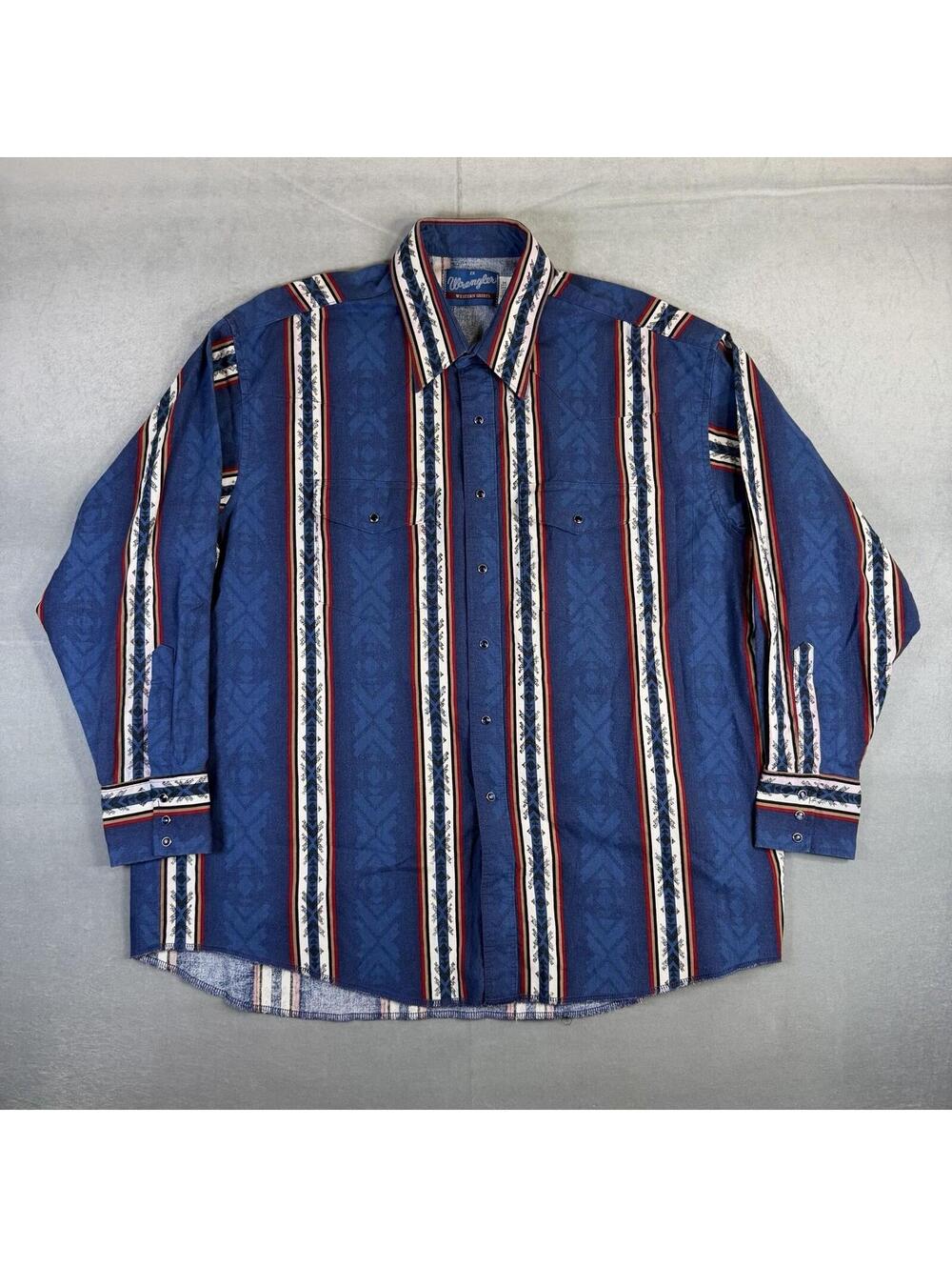 VTG 90s Wrangler Brushpopper Pearl Snap Western Shirt Mens 2X Blue Aztec Striped